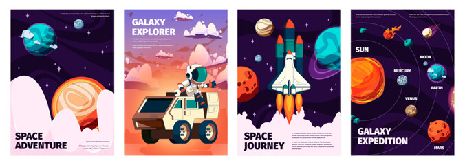 Cartoon space posters. Colorful space exploration and cosmic flight posters, universe galaxy planets and stars science and technology concept. Vector set. Expedition to cosmos with astronaut