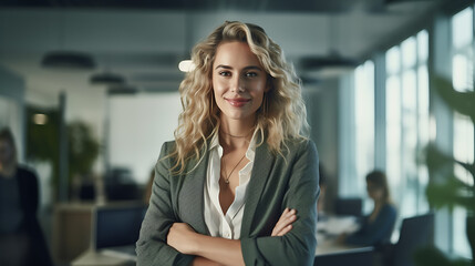 Close up portrait of a smiling young businesswoman in suit standing against office background.Created with Generative AI technology.