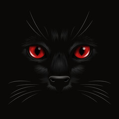 Vector 3d Realistic Red Cats Eye of a Black Cat in the Dark, at Night. Red, Cat Face with Yes, Nose, Whiskers on Black. Cat Closeup Look in the Darkness. Front View