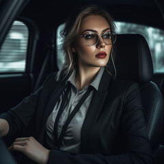 Fototapeta na wymiar Attractive young woman in business suit driving car.