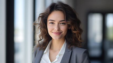 Close up portrait of a smiling young businesswoman in suit standing against office background.Created with Generative AI technology.