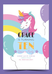 10 years.Birthday card with Unicorn elements design. Turning ten years invitation. Ready to print. Vector Illustration