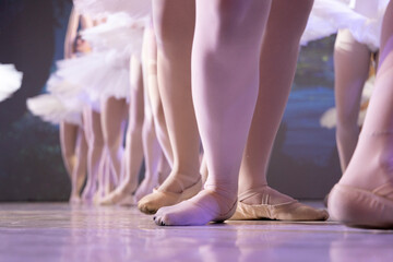 Professional ballet pointe women's ballet shoes photographed while dancing on stage