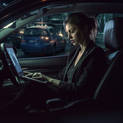 businesswoman in moving car working on his laptop.
