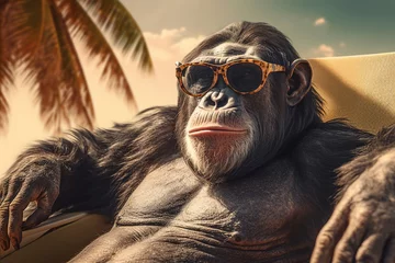 Rolgordijnen Portrait of a realistic happy chimpanzee monkey sitting in a lounge beach bungalow on summer vacation, relax vibe concept. Generative Ai © deagreez