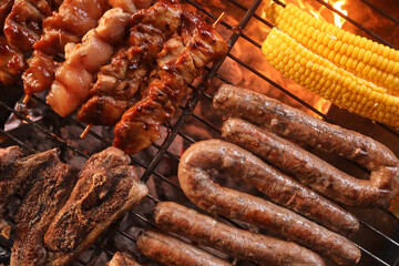 South African braai. Boerewors, chops, chicken kebabs and mielies on grill