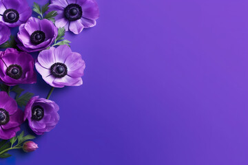 A bunch of purple flowers on a purple background. Generative AI. Anemone flowers.