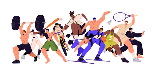 Different athletes of all sport types. Multi, mix of sportsmen, active community, group in action. Boxing, soccer, ski championship concept. Flat vector illustration isolated on white background