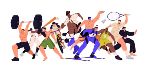 Zelfklevend Fotobehang Different athletes of all sport types. Multi, mix of sportsmen, active community, group in action. Boxing, soccer, ski championship concept. Flat vector illustration isolated on white background © Paper Trident
