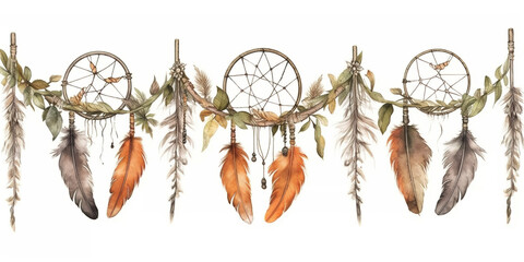A group of three dream catchers hanging on a wall. Generative AI.