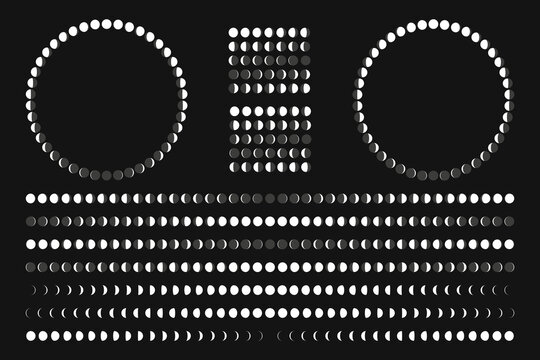 Moon phases. Magic cosmic symbols boho astrology decoration, abstract minimalist contemporary art for tattoo design. Vector collection. Celestial body in different shape with shadow