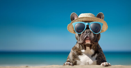 Pet Dog Summer Fun: French Bulldog Enjoys Beach Getaway with Cool Shades, Sunglasses, and Stylish Hat.  Generative ai. - obrazy, fototapety, plakaty