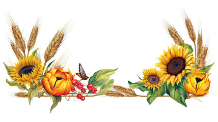 frame border with a farm theme featuring wheat stalks and sunflowers, generative ai