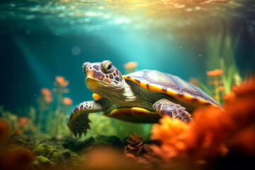 Fototapeta na wymiar A turtle swimming gracefully in a tank, showcasing its natural aquatic movements.