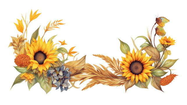 frame border with a farm theme featuring wheat stalks and sunflowers, generative ai