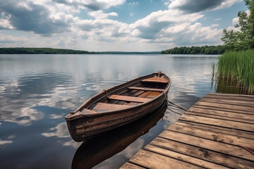 Obraz premium Wooden boat near a dock on the lake surrounded by green forest, Generative AI