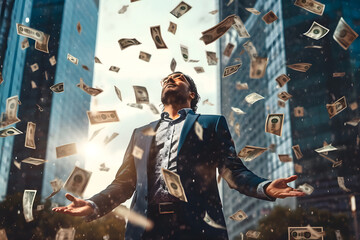 Fototapeta na wymiar Businessman running with a lot money on the street.achievement or success concepts