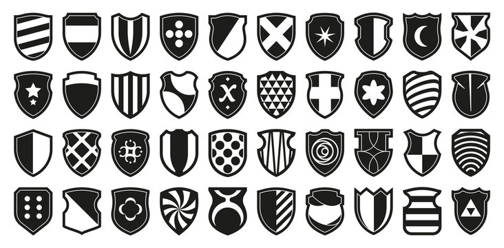 Heraldic shields logo. Army security and military badge icons, game clans and royal army individual symbol, protection concept. Vector certificate and award icon set. Different achievements