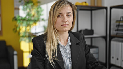 Young blonde woman business worker sitting on table with relaxed expression at office