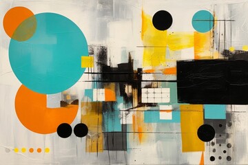 Vibrant sunprint-inspired abstract painting showcases bold geometrics and striking object contrasts. Featuring a captivating palette of light turquoise, yellows, vantablack, cotton candy, GenerativeAI