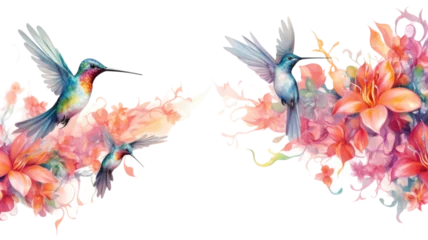 Stof per meter Vlinders border featuring delicate hummingbirds in bright watercolor flowers generative ai