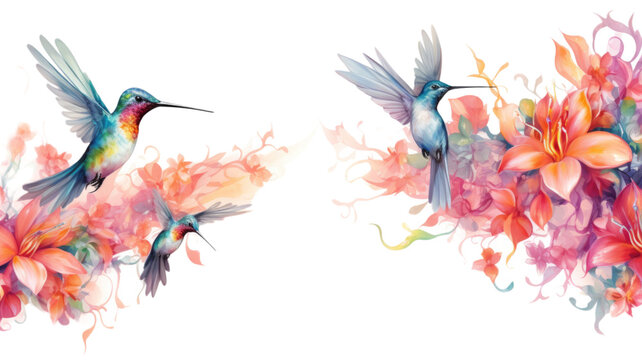 border featuring delicate hummingbirds in bright watercolor flowers generative ai
