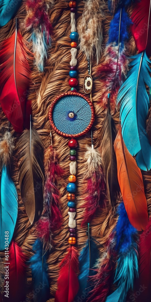 Poster a close up of a clock with feathers on it. generative ai.