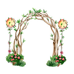 Composition with green tree and bushes . Watercolor hand drawn illustration . Perfect for greeting card, poster, wedding invitation, party decor.