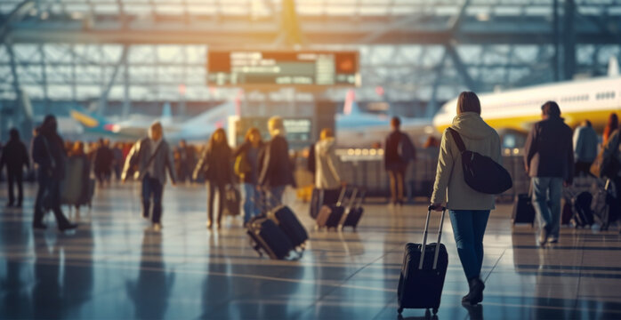 Airport building, international terminal, rushing people to land, blurred background - AI generated image