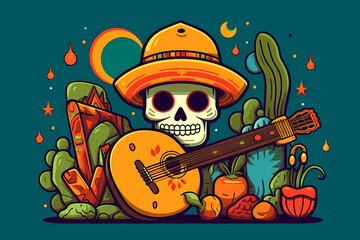 A cartoon of two skeletons playing guitar and wearing sombrero Festivities in Southamerica Generative AI