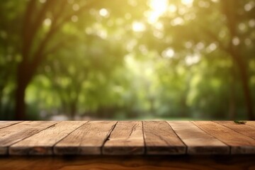 mock up A wooden table with a green background and the sun shining through the trees Generative AI