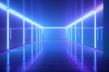 A dark room with neon lights and a blue wall. Generative AI