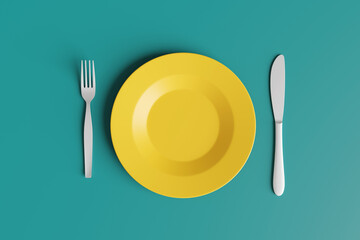 Yellow plate with silverware on green background. Illustration as design element and copy space for web design and slide show presentation