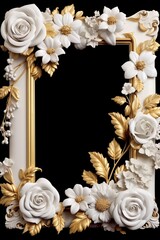 mock up A white frame with gold flowers and leaves on it Generative AI