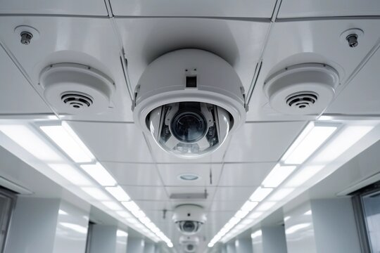 A security camera is mounted on the ceiling of a building. Generative AI
