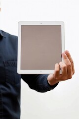 A man holds a tablet with a white screen tablet empty space mock up Generative AI