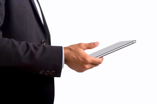 A man in a suit holds a tablet in front of a white background tablet empty space mock up Generative AI