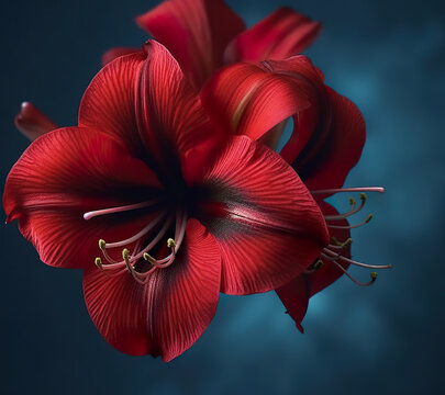 A close up of a red amarylis flower on a blue background. Generative AI.