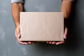 A man holds a brown box with the word gift on it. Generative AI