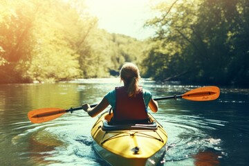 A woman kayaking on a river with a yellow kayak in the background. Generative AI - obrazy, fototapety, plakaty