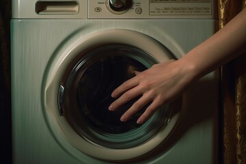 A woman's hand is on a washing machine with a glass window. Generative AI
