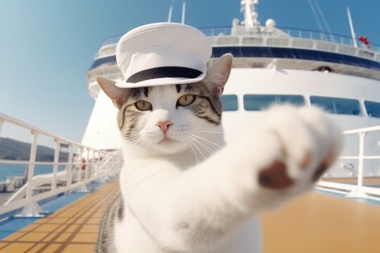 A cat wearing a hat points at the camera. Generative AI