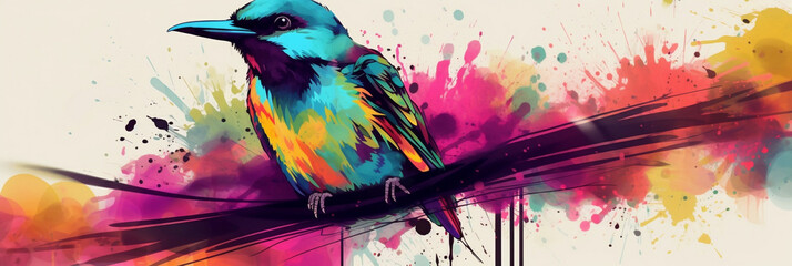Colorful bird digital art illustration, banner, generative AI