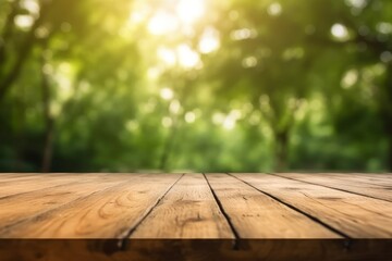 A wooden table with a green background and the sun shining through the trees mock up template Generative AI
