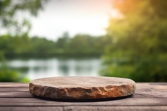 mock up template A round coaster on a wooden table with a lake in the background Generative AI