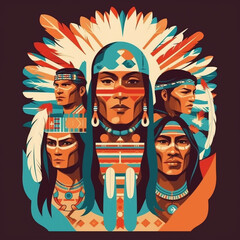 Obraz premium Indigenous people on abstract multicolored background. Indigenous people wearing headdress. Indigenous people face paint