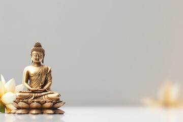 A statue of buddha sits on a table with a yellow background. Generative AI