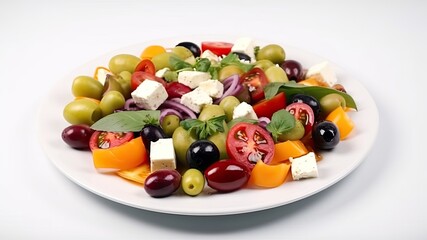 A colorful plate of Greek salad with feta cheese and olives on White Background with copy space for your text created with generative AI technology