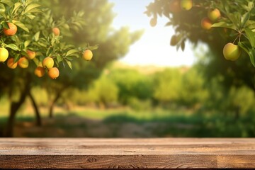 mock up empty space wooden table with a wooden top and a tree with oranges on it Generative AI