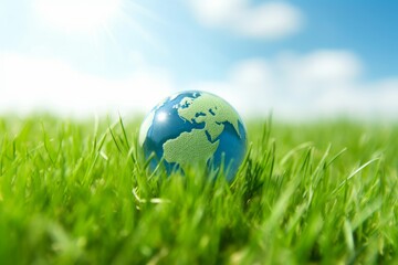 Fototapeta na wymiar A green globe sits in the grass on a sunny day. Generative AI